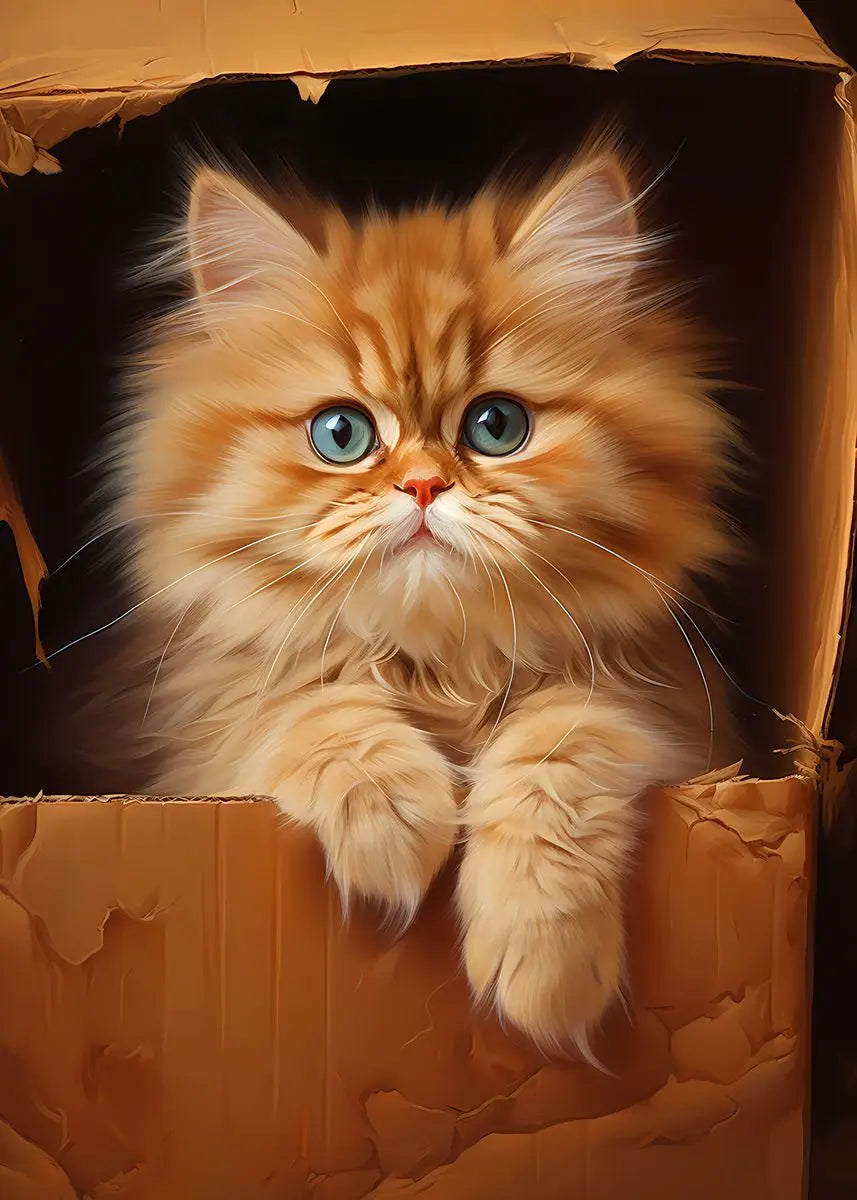 A fluffy orange Persian kitten with bright blue eyes peeks out of a cardboard box.