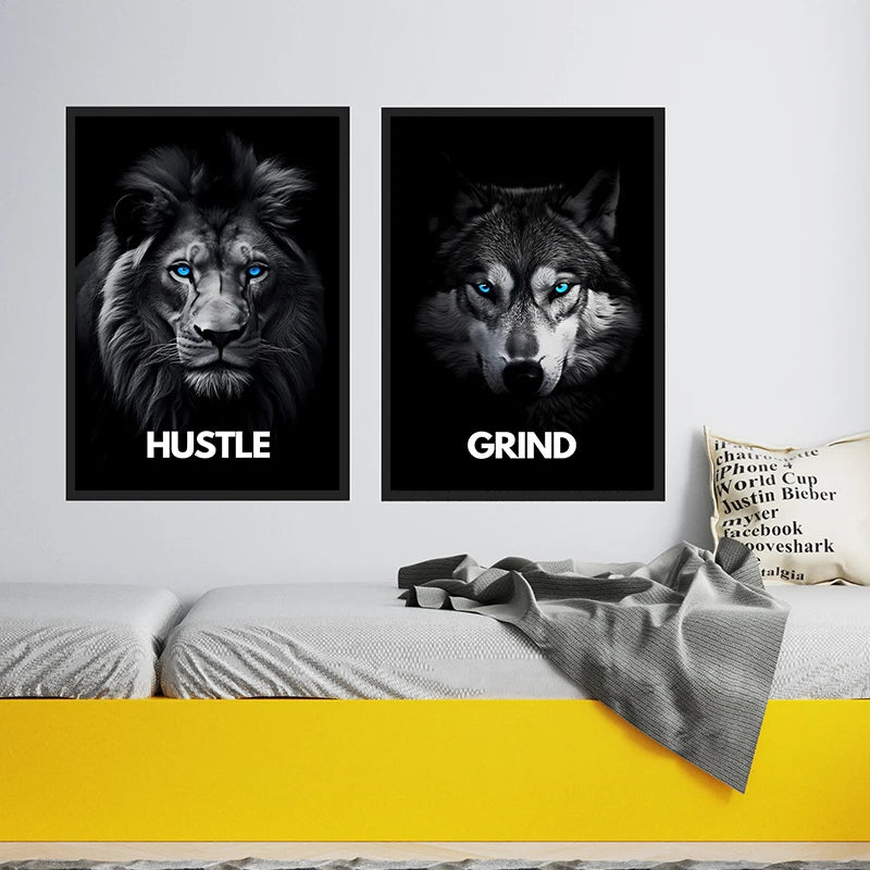 Black and white canvas wall art featuring portraits of a lion, wolf, and leopard with the words Hustle, Grind, and a third wo
