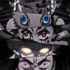 A vertical collage of intense, stylized eyes from Demon Slayer characters, featuring various colors and expressions.