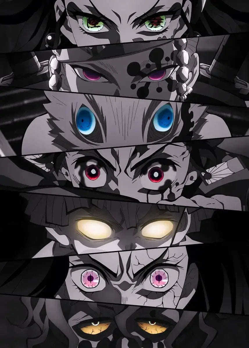 A vertical collage of intense, stylized eyes from Demon Slayer characters, featuring various colors and expressions.