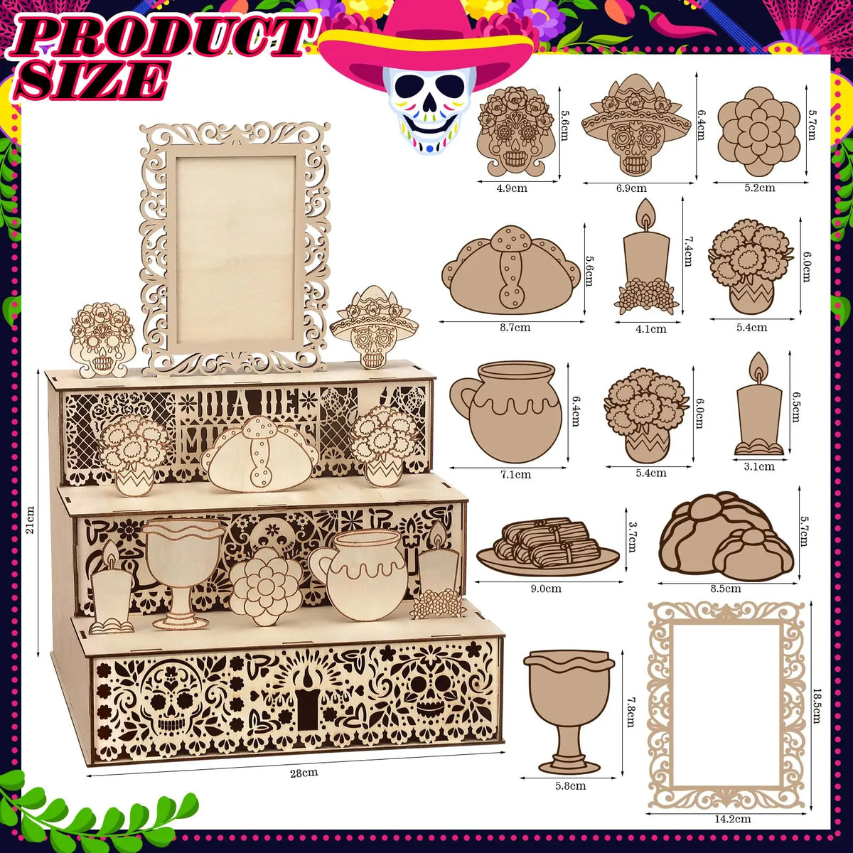 Wooden memory box for Día de los Muertos featuring a photo display and intricate cutout designs.