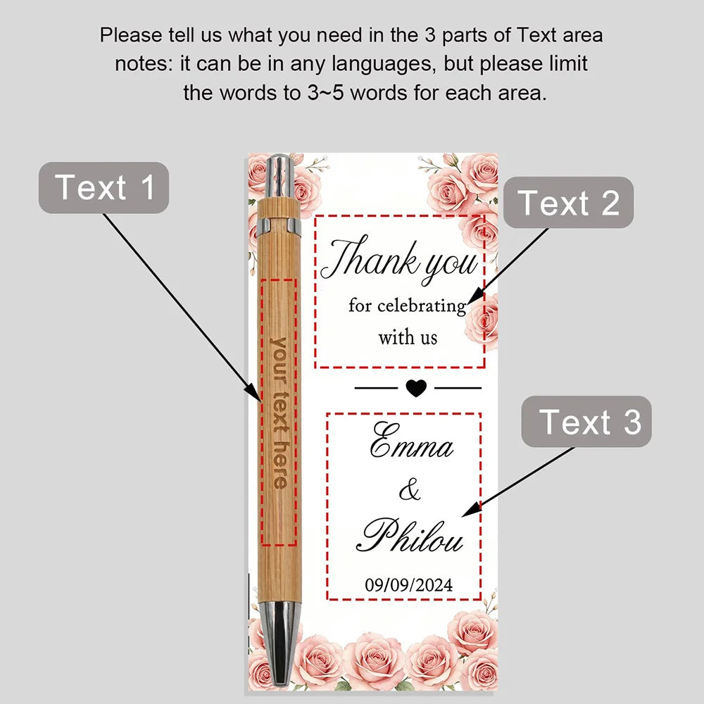 A set of personalized engraved bamboo pens with thank you cards featuring a message and names