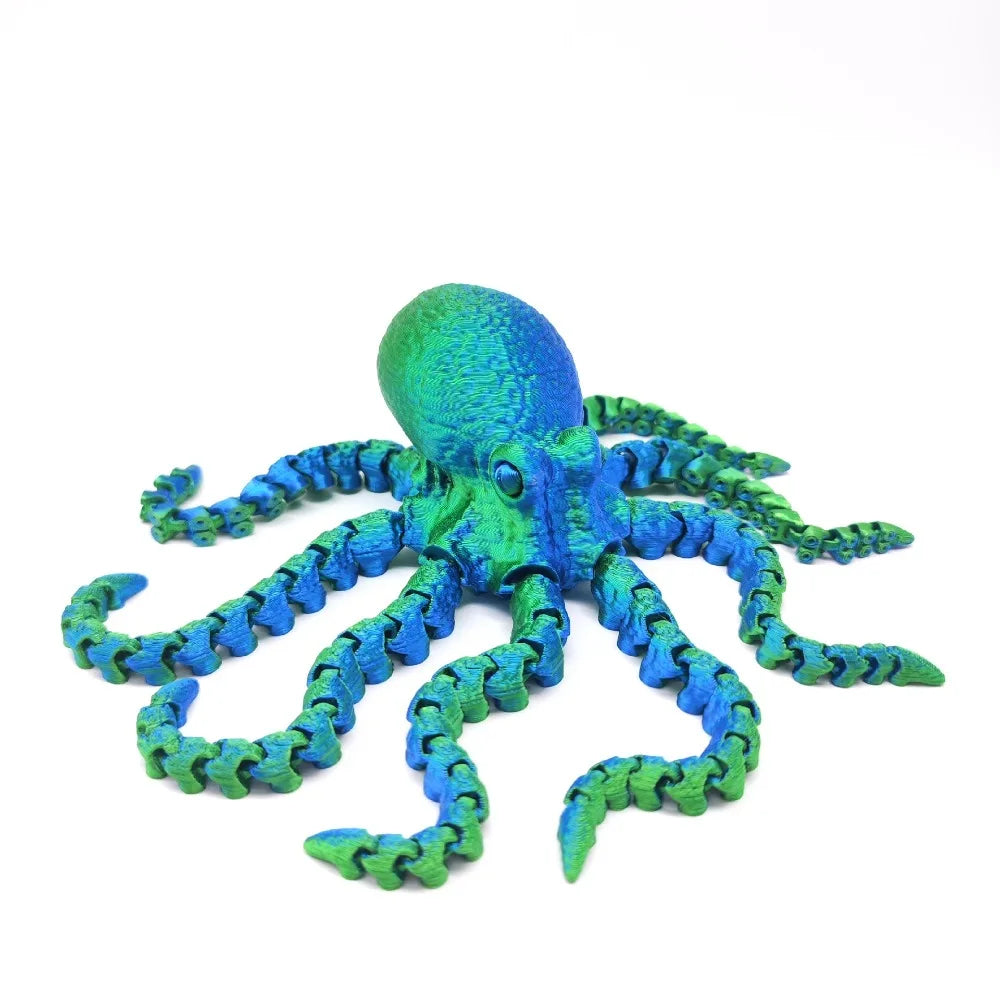 A vibrant blue and green articulated 3D printed octopus figurine with eight tentacles.