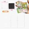 A set of six square acrylic fridge magnets with various designs and a magnetic backing shown next to a hand.