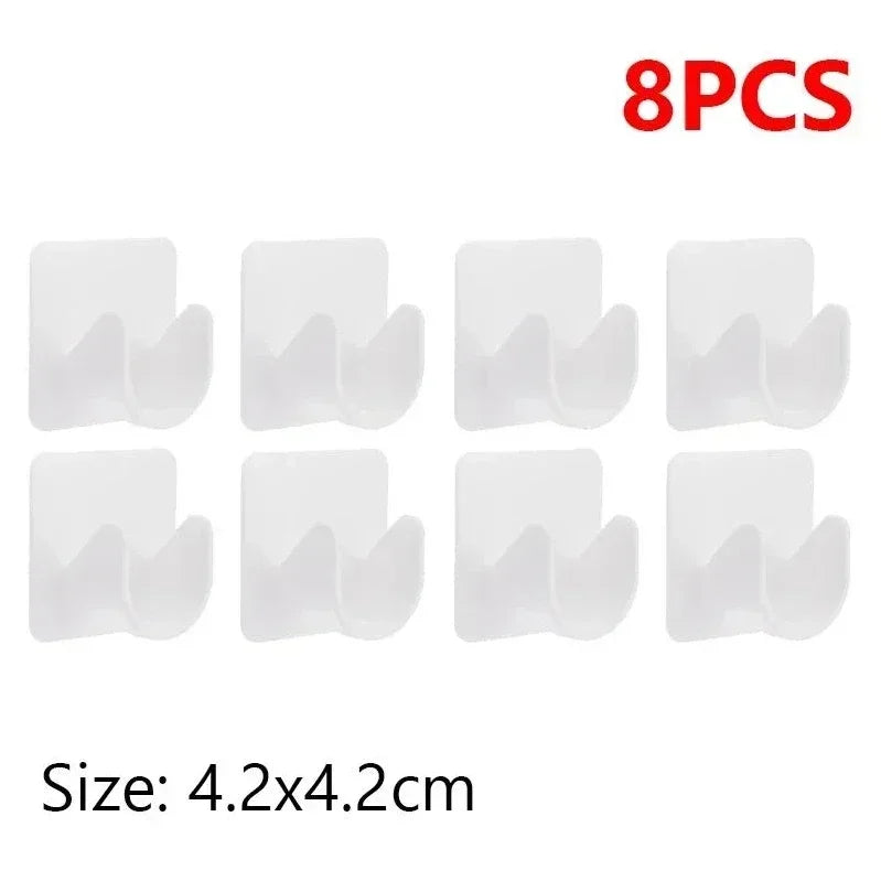 Eight pieces of white adjustable self-adhesive curtain rod brackets for walls.