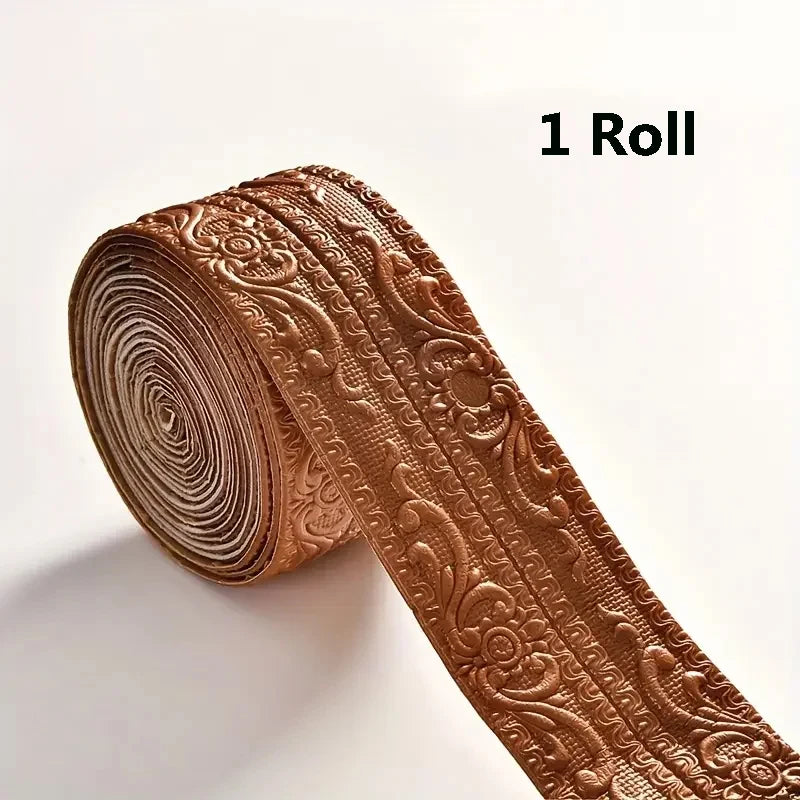 One roll of bronze gold self-adhesive PE foam edge banding trim for walls, ceilings, and door frames.