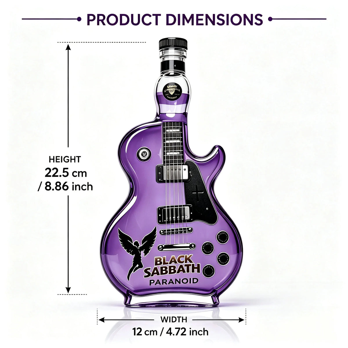 A purple glass decanter shaped like a guitar, featuring the Black Sabbath logo and design.
