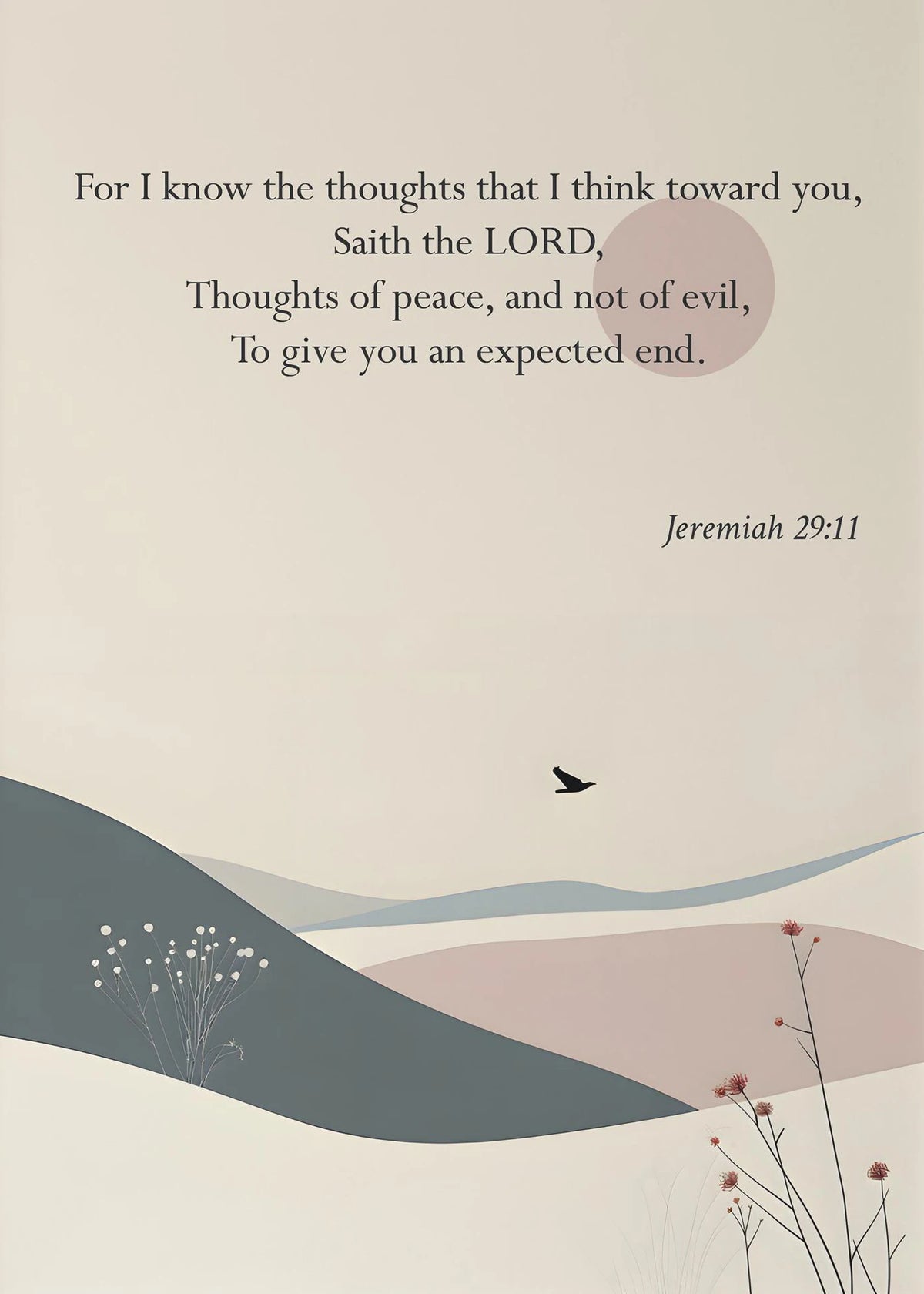 A soft beige background features a Bible verse about thoughts of peace and not of evil, with rolling hills and a small bird s