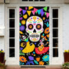 A door cover featuring a sugar skull design with colorful papel picado banners on a black background.