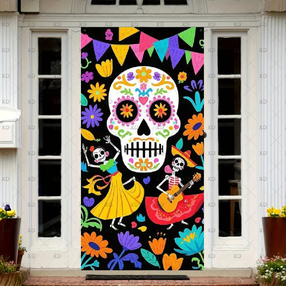A door cover featuring a sugar skull design with colorful papel picado banners on a black background.