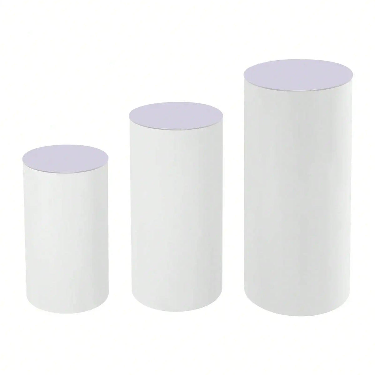 Set of three white cylinder pedestal display stands with light purple tops
