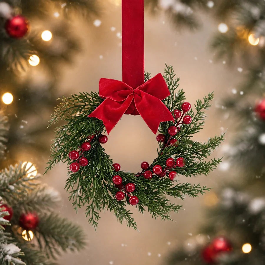 A festive Christmas wreath made of green fir branches and red berries with a large red bow hanging against a blurred backgrou