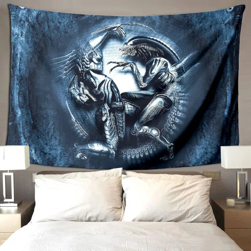 A dark blue and gray tapestry featuring an alien predator design with sharp teeth and wings.