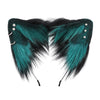 A pair of teal and black faux fur fox ears headband for cosplay or themed parties.