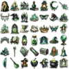 A collection of retro forest witch decorative stickers featuring various magical items and figures.
