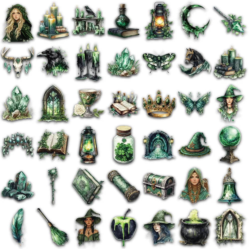A collection of retro forest witch decorative stickers featuring various magical items and figures.