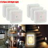 A set of three white LED night lights are shown in various contexts including a hallway, closet, and staircase.