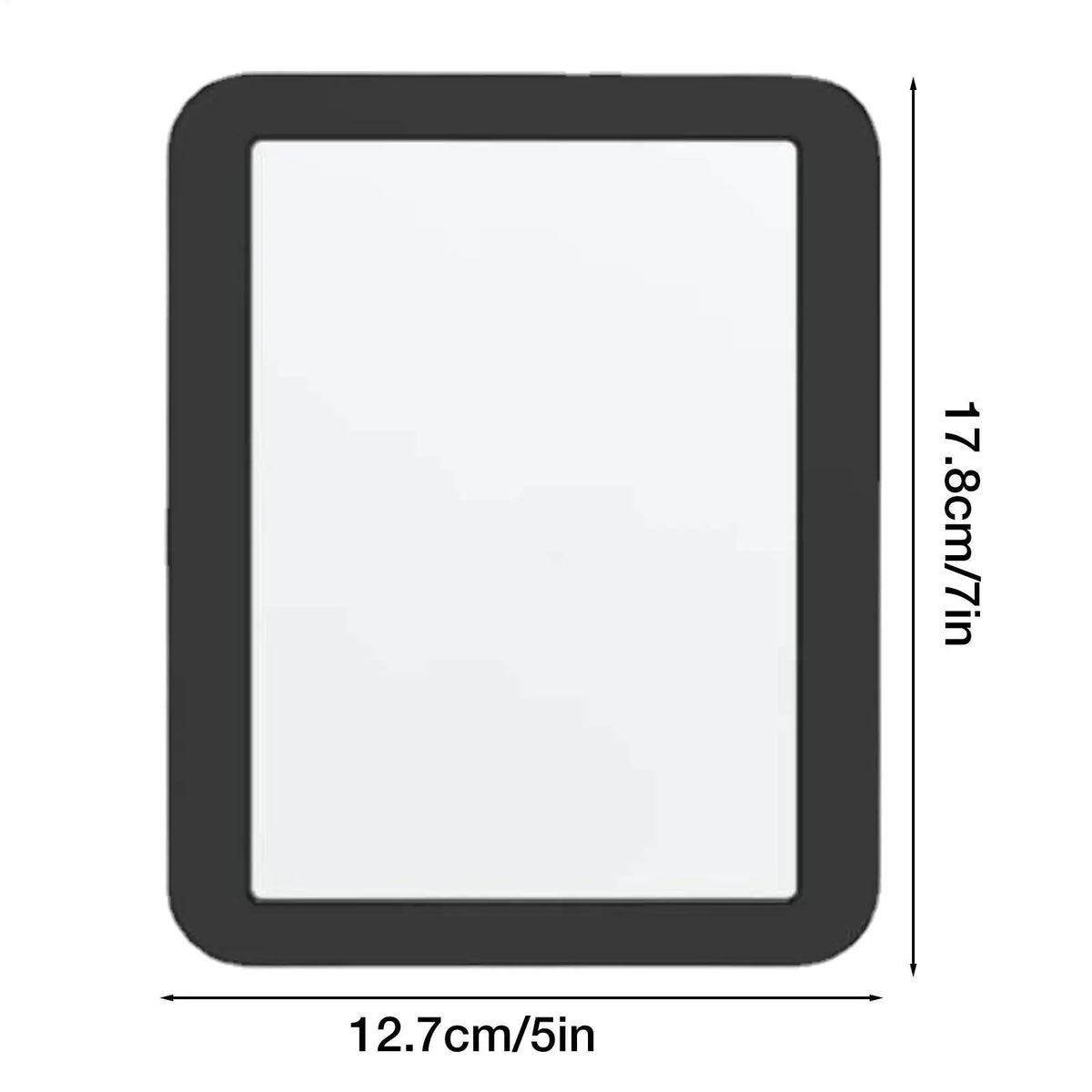 A rectangular magnetic locker mirror with a black frame and white reflective surface, measuring 17.8cm by 12.7cm.