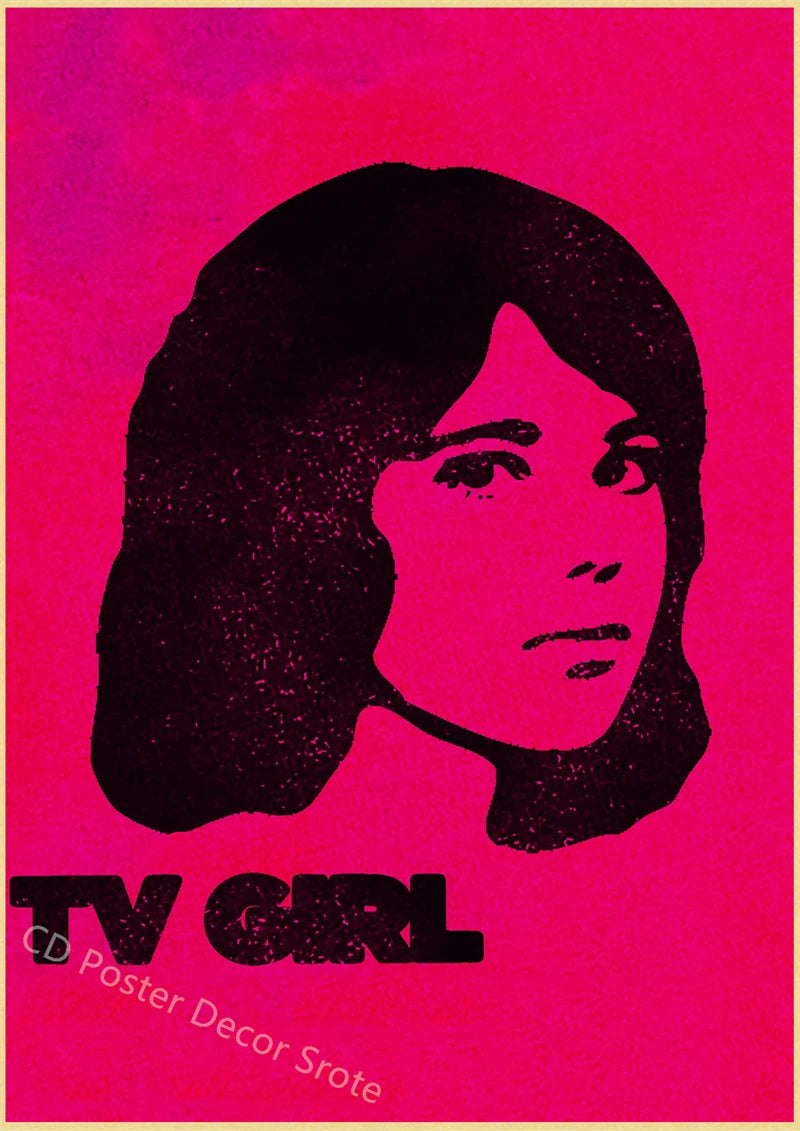 A vintage poster featuring a black silhouette of a woman against a bright pink background, labeled TV GIRL.