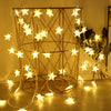Golden wire frame decorated with strings of glowing LED star fairy lights
