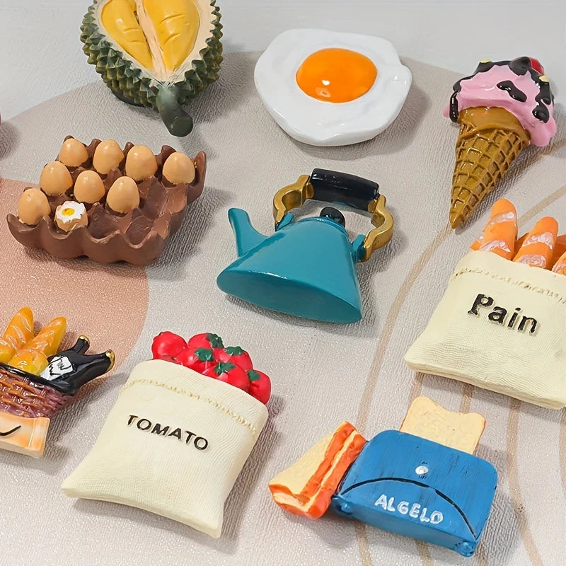 A set of 3D resin food magnets featuring various fruits and vegetables like eggs, corn, tomatoes, and ice cream cones.