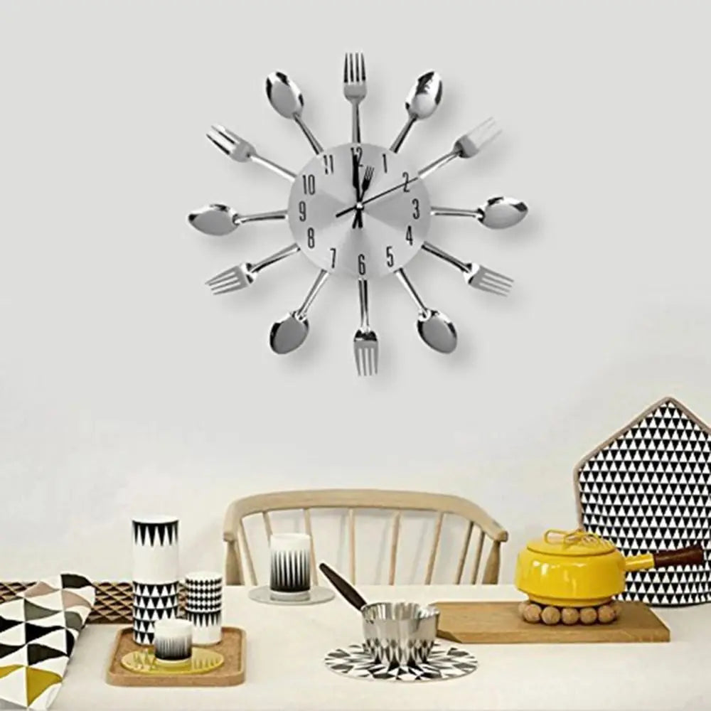A modern cutlery 3D wall clock with silver forks and knives mounted on a white wall.