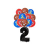 A collection of red and blue Five Nights at Freddy's character plush toys arranged around the number two.