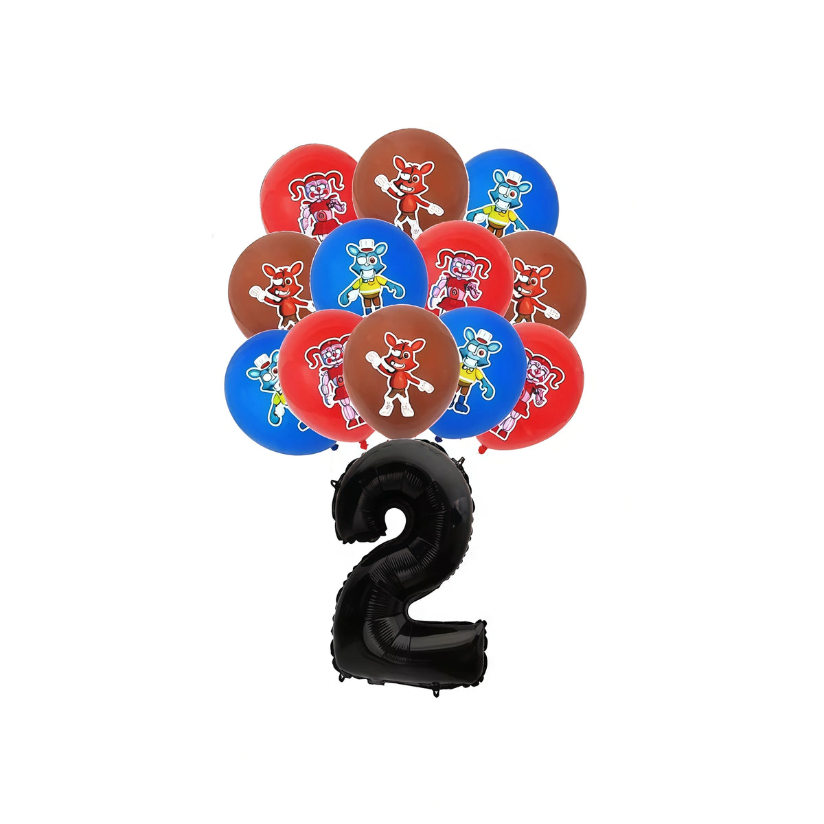 A collection of red and blue Five Nights at Freddy's character plush toys arranged around the number two.