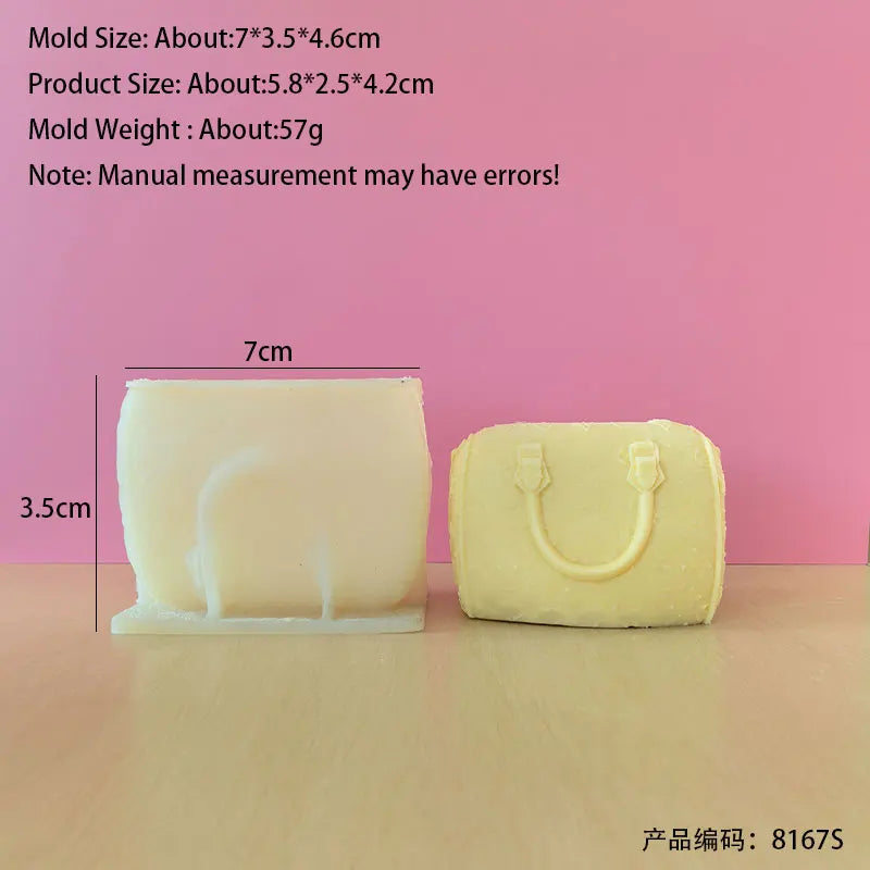 A rectangular silicone mold shaped like a handbag is shown next to its dimensions.