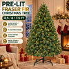 A fully decorated pre-lit Fraser fir Christmas tree with warm white and multicolor lights standing on a floor.