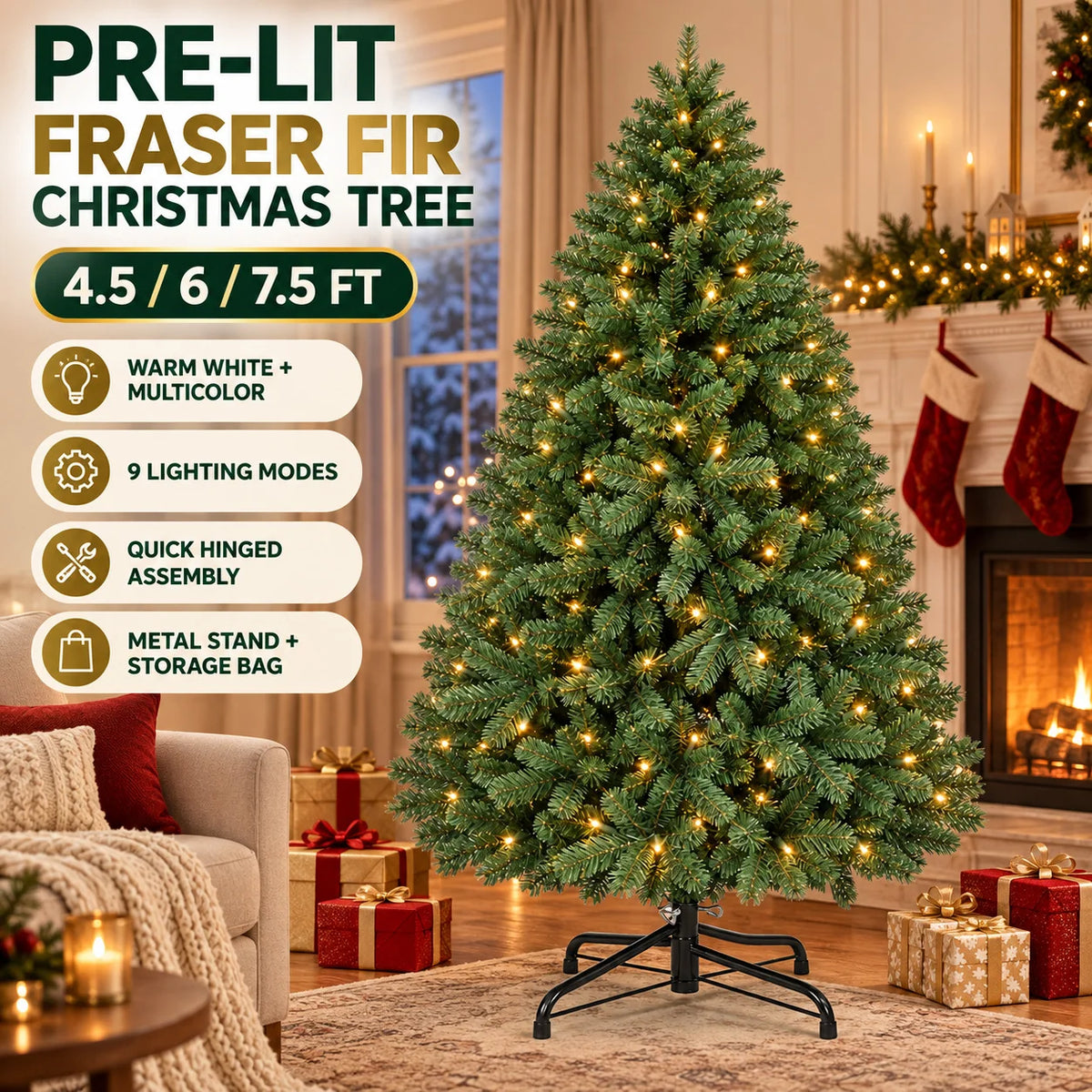 A fully decorated pre-lit Fraser fir Christmas tree with warm white and multicolor lights standing on a floor.