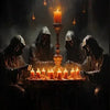 A dark, moody painting depicting several figures in hoods gathered around a glowing candle on a pedestal.