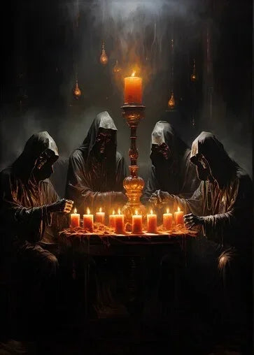 A dark, moody painting depicting several figures in hoods gathered around a glowing candle on a pedestal.