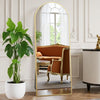 A full length body mirror with a gold frame reflecting an interior room and a large green plant.