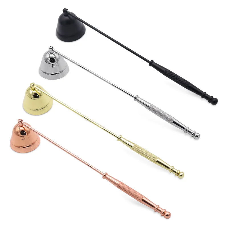 A set of four stainless steel candle extinguisher tools with black handles and gold accents.
