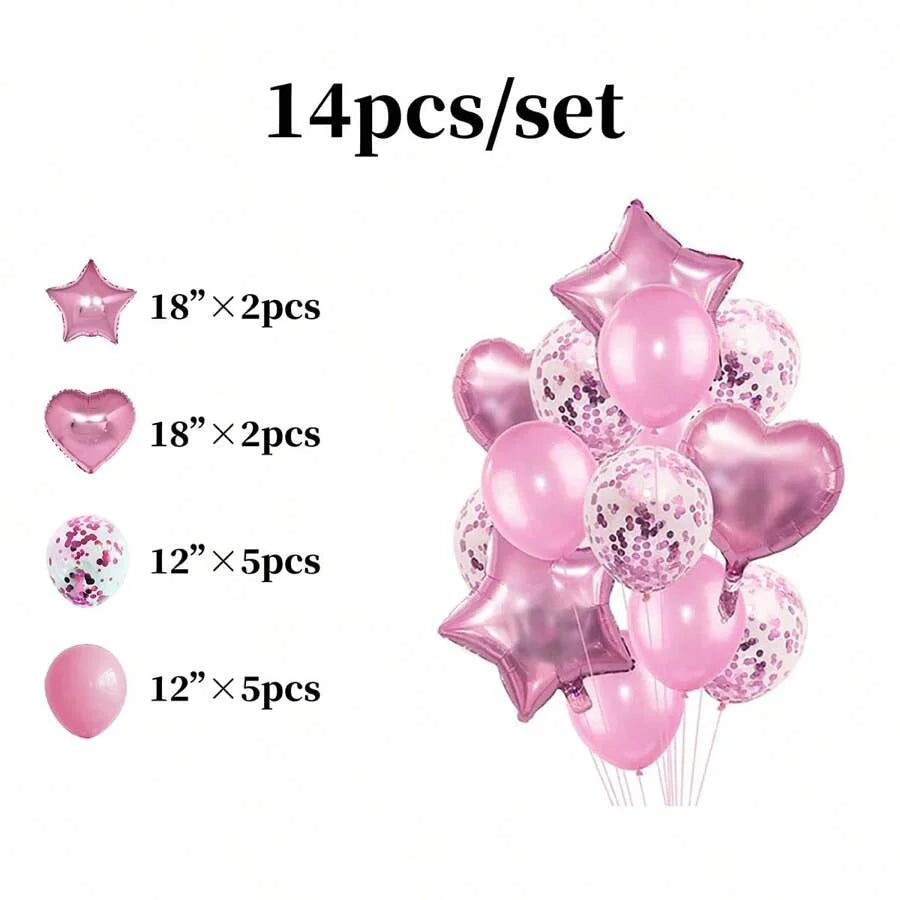 A set of 14 assorted rose gold and pink latex and foil balloons for decoration.
