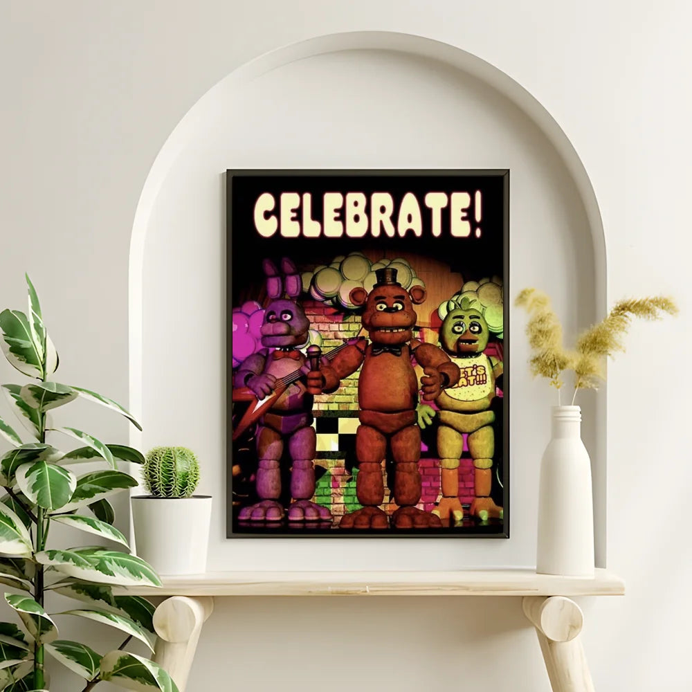 A framed piece of Five Nights at Freddy's canvas wall art featuring three animatronic characters with the text CELEBRATE!