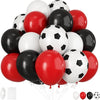 A collection of red, black, and white latex balloons shaped like soccer balls.