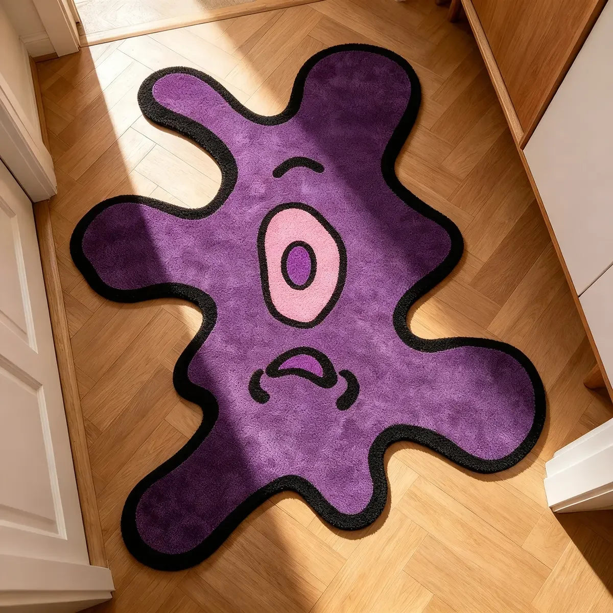 A purple cartoon monster rug with a pink eye and angry expression placed on a light wood floor.