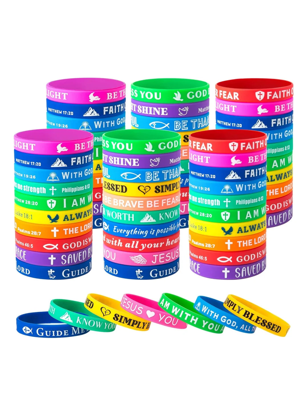 A set of twenty colorful silicone bracelets featuring inspirational Bible verses like Faith Shine and Be There