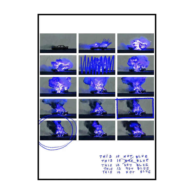A grid of twelve images showing various blue and purple flames or explosions against a dark background.