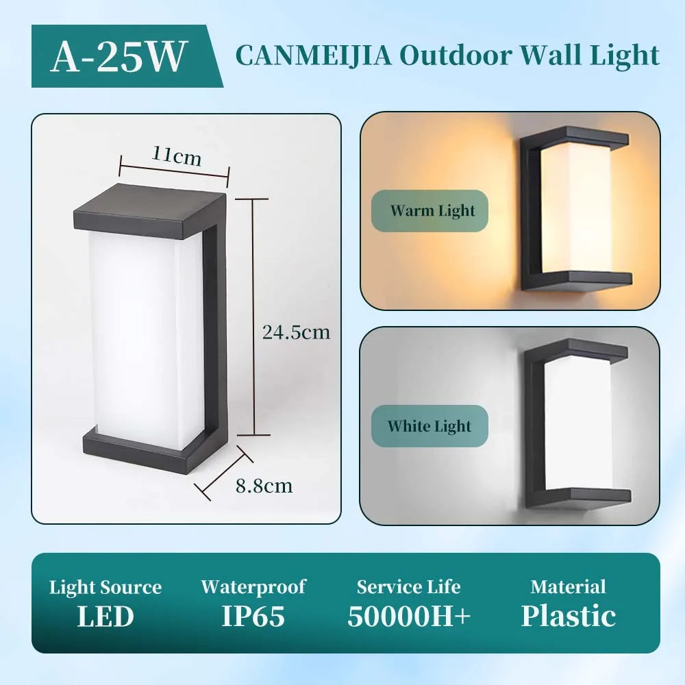 A-25W CANMEIJIA Outdoor Wall Light featuring a rectangular LED design with warm and white light options.