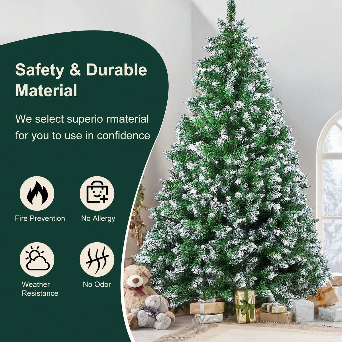 A fully decorated 7ft realistic PVC artificial Christmas tree with white lights and a folding metal stand.