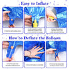 Instructions showing how to inflate and deflate a blue foil number balloon for party decor