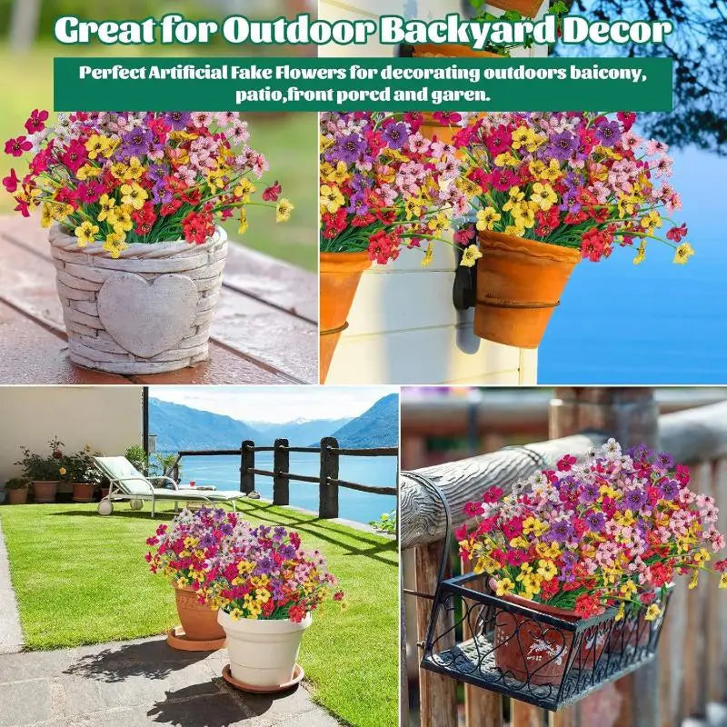 A vibrant bouquet of artificial violet flowers in a terracotta pot displayed outdoors.