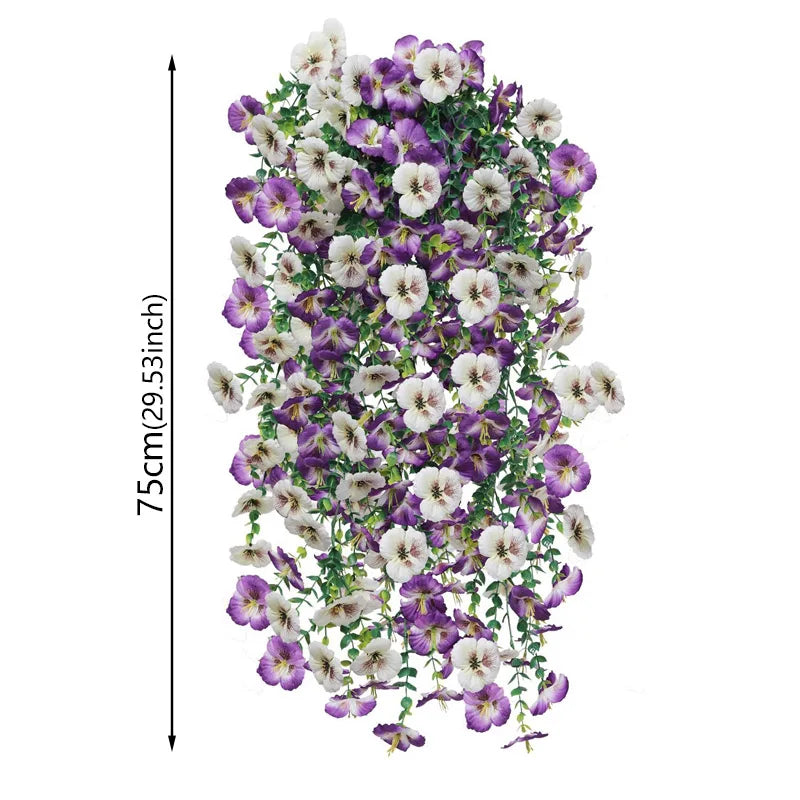 A vertical arrangement of artificial eucalyptus and violet pansy hanging vine flowers.