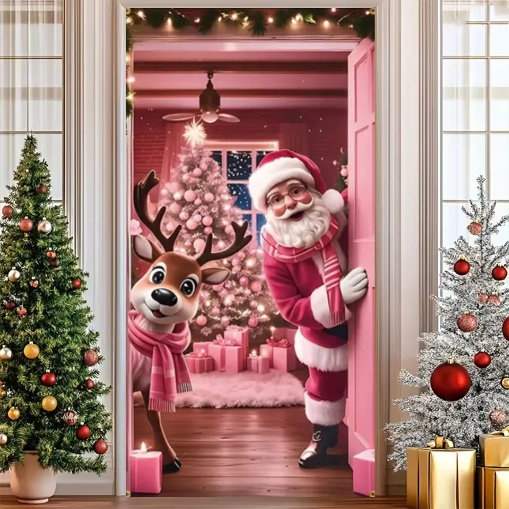 Merry Christmas Party Decoration Door Cover with Santa, Snowman & Reindeer Design