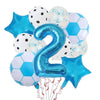 A collection of blue and white football-shaped foil balloons, including a large number 2 balloon.