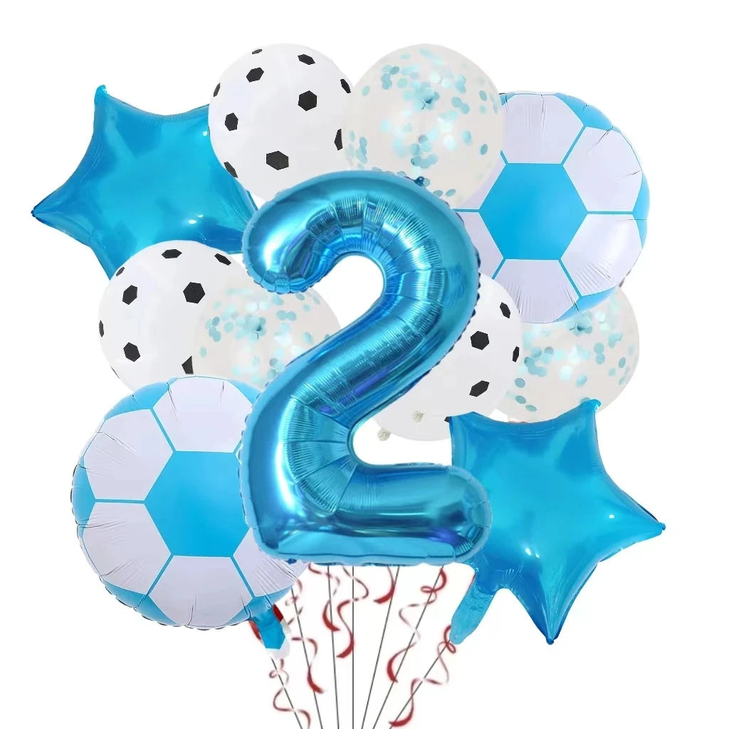 A collection of blue and white football-shaped foil balloons, including a large number 2 balloon.