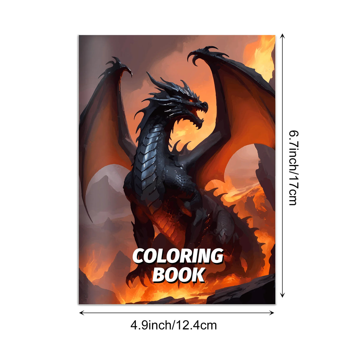 Un livre de coloriage représentant un dragon noir féroce dans un paysage flamboyant et dramatique.